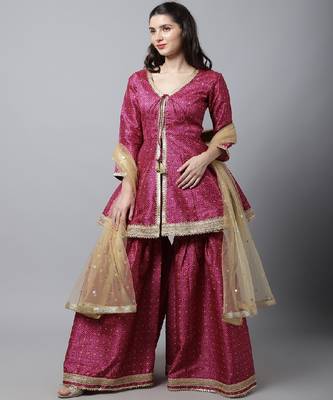 Vibrant Purple Peplum Kurti With Sharara and Gold Stone Dupatta 4
