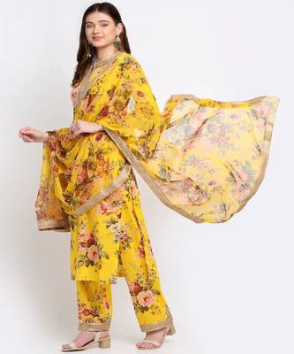 Mustard Floral Kurti with Straight Palazzo and Dupatta 1