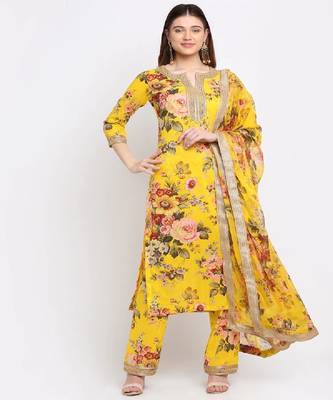 Mustard Floral Kurti with Straight Palazzo and Dupatta 2