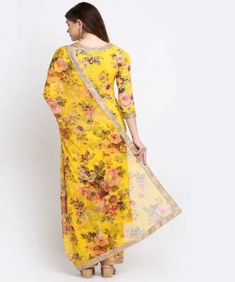 Mustard Floral Kurti with Straight Palazzo and Dupatta 3