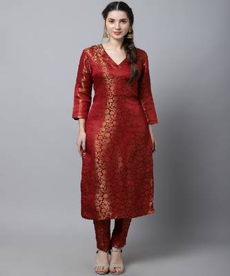 Maroon Brocade Straight Kurti With Straight Pants 1
