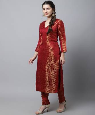 Maroon Brocade Straight Kurti With Straight Pants 3