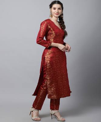 Maroon Brocade Straight Kurti With Straight Pants 4