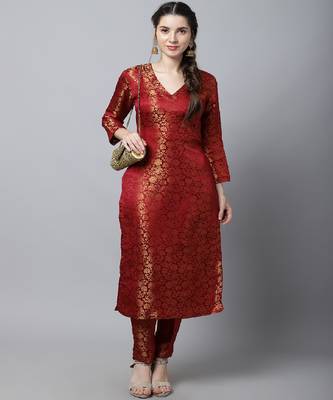 Maroon Brocade Straight Kurti With Straight Pants 5