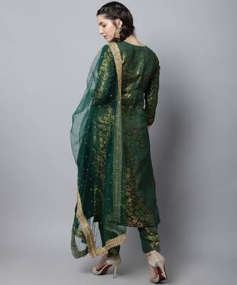 Bottle Green Brocade Straight Kurti With Straight Pants And Net Stone Dupatta 2