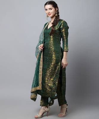 Bottle Green Brocade Straight Kurti With Straight Pants And Net Stone Dupatta 1
