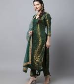 Bottle Green Brocade Straight Kurti With Straight Pants And Net Stone Dupatta