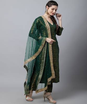 Bottle Green Brocade Straight Kurti With Straight Pants And Net Stone Dupatta 3