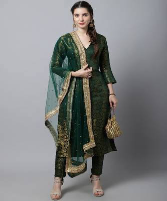 Bottle Green Brocade Straight Kurti With Straight Pants And Net Stone Dupatta 4