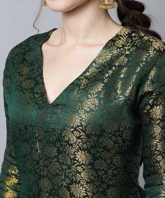 Bottle Green Brocade Straight Kurti With Straight Pants And Net Stone Dupatta 5