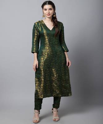 Bottle Green Brocade Straight Kurti With Straight Pants 1