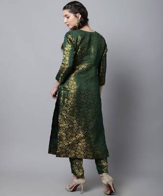 Bottle Green Brocade Straight Kurti With Straight Pants 2