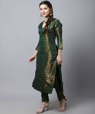 Bottle Green Brocade Straight Kurti With Straight Pants 3