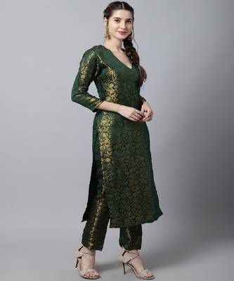 Bottle Green Brocade Straight Kurti With Straight Pants 4