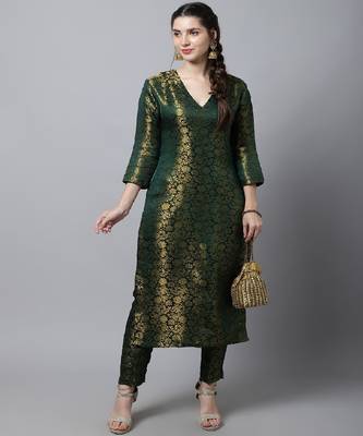 Bottle Green Brocade Straight Kurti With Straight Pants 5