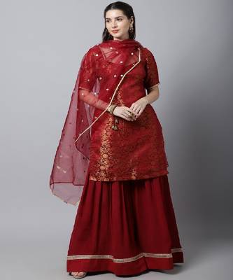 Regal Maroon Brocade Kurti with Sharara And Organza Dupatta 1