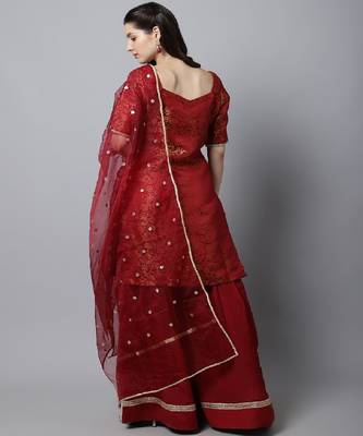 Regal Maroon Brocade Kurti with Sharara And Organza Dupatta 2