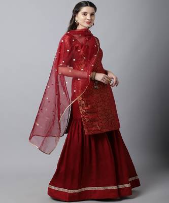 Regal Maroon Brocade Kurti with Sharara And Organza Dupatta 3