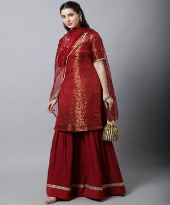 Regal Maroon Brocade Kurti with Sharara And Organza Dupatta 4