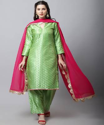 Sahiba Green Brocade Kurti With Straight Palazzo And Magenta Georgette Dupatta 1