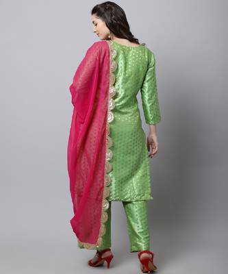 Sahiba Green Brocade Kurti With Straight Palazzo And Magenta Georgette Dupatta 2