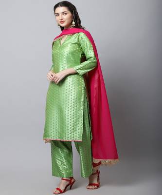 Sahiba Green Brocade Kurti With Straight Palazzo And Magenta Georgette Dupatta 3