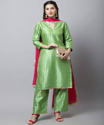 Sahiba Green Brocade Kurti With Straight Palazzo And Magenta Georgette Dupatta 4
