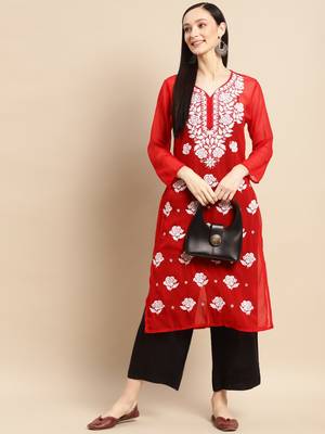 Red embroidered georgette chikankari-kurtis 1