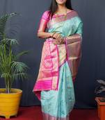 Light blue woven kanchipuram silk blend saree with blouse