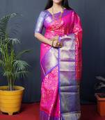 Pink woven kanchipuram silk blend saree with blouse