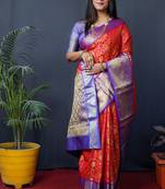 Orange woven kanchipuram silk blend saree with blouse