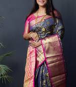 Navy blue woven kanchipuram silk blend saree with blouse