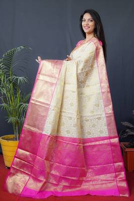 Cream Woven Work kanchipuram silk blend saree 2