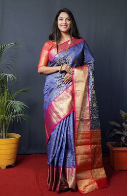 Blue woven Faux kanchipuram silk saree with blouse 1