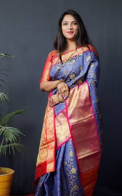 Blue woven Faux kanchipuram silk saree with blouse 3