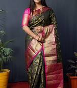 Black woven kanchipuram silk blend saree with blouse