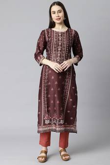 Maroon embroidered art silk ethnic-kurtis