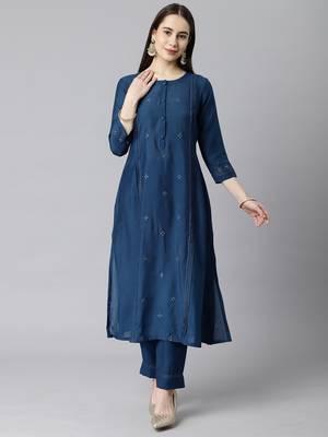 Blue embroidered art silk ethnic-kurtis 1