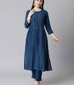 Blue embroidered art silk ethnic-kurtis