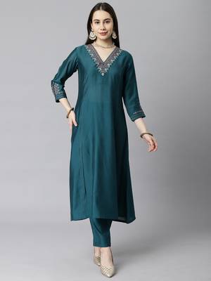 Blue embroidered art silk ethnic-kurtis 1