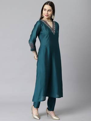 Blue embroidered art silk ethnic-kurtis 3