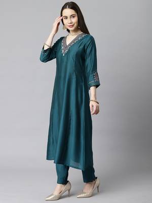 Blue embroidered art silk ethnic-kurtis 4