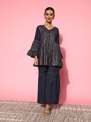 Navy-blue printed cotton ethnic-kurtis 1