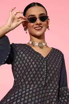 Navy-blue printed cotton ethnic-kurtis
