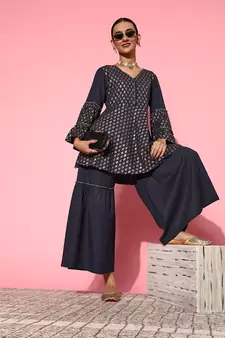 Navy-blue printed cotton ethnic-kurtis