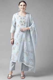 Turquoise printed silk ethnic-kurtis