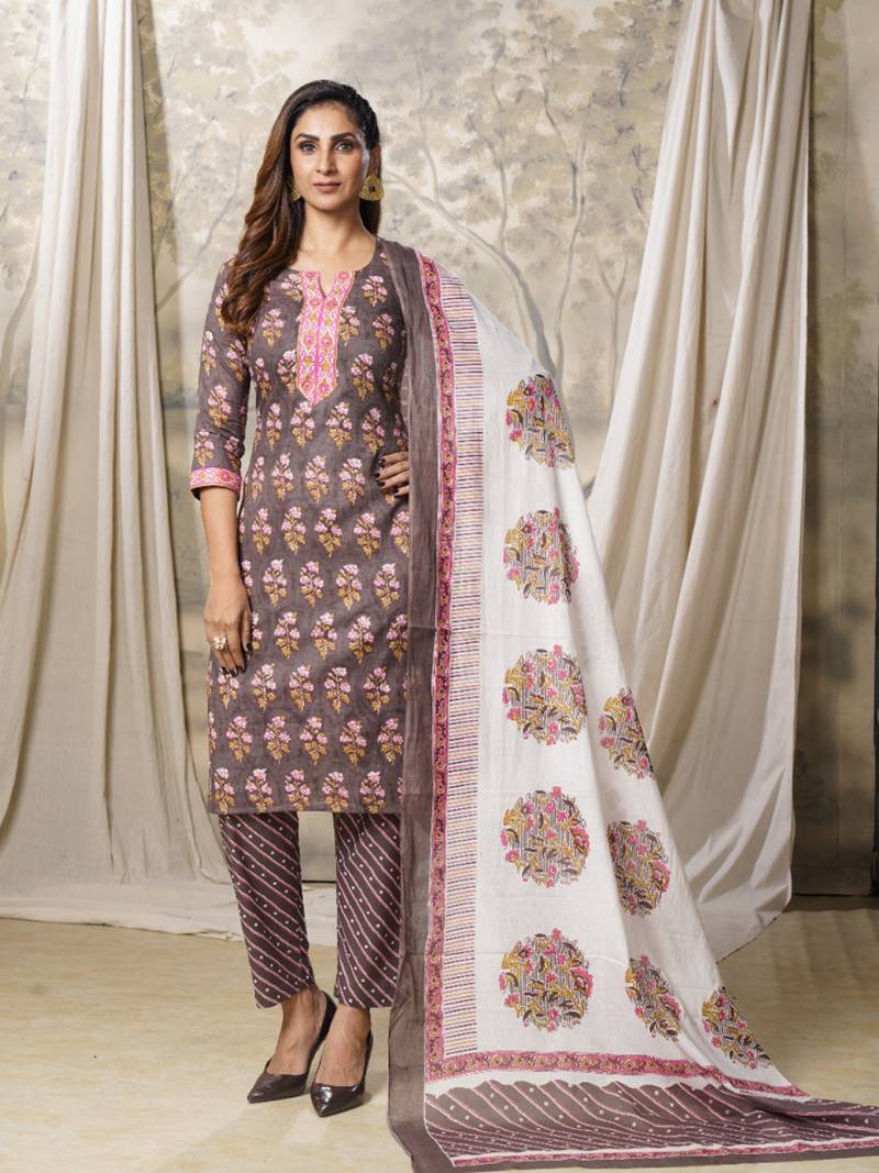 Brown printed cotton ethnic-kurtis