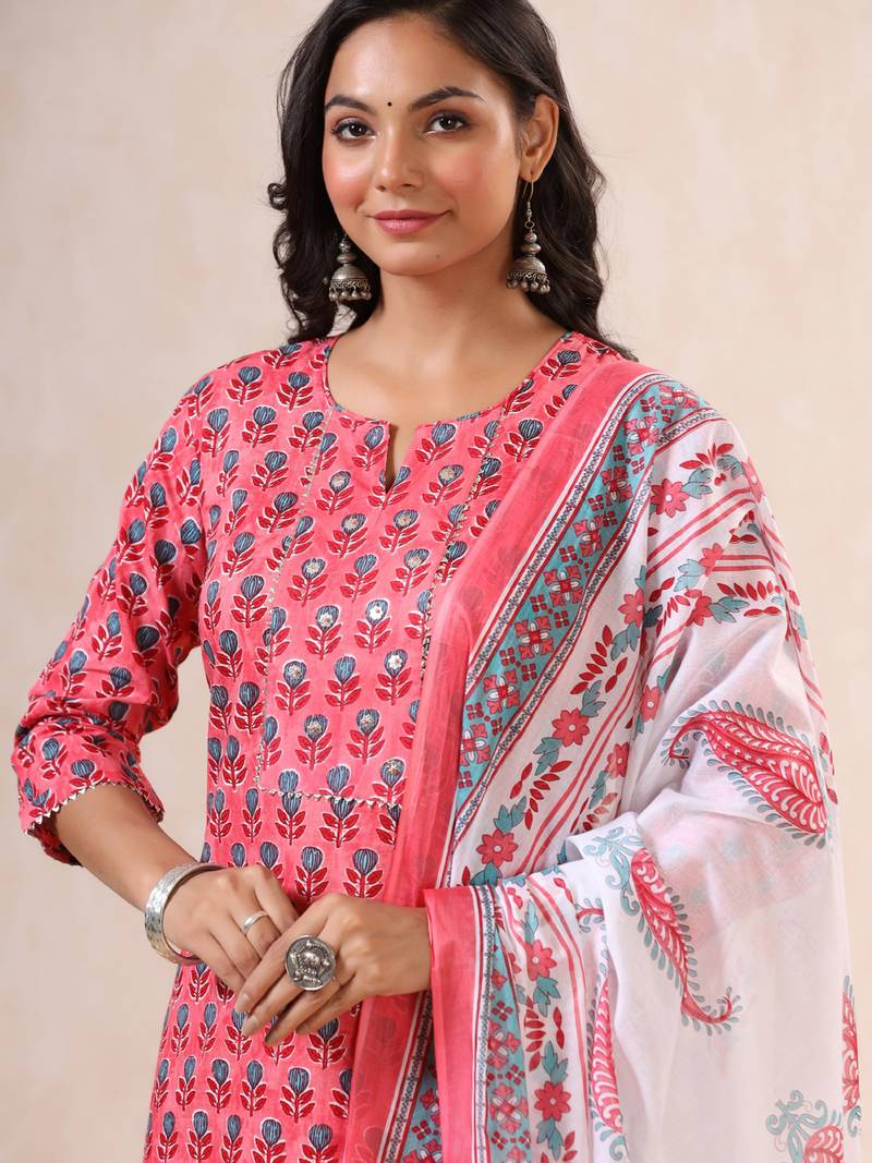 Pink printed cotton ethnic-kurtis