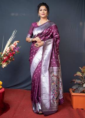 Purple Paithani silk blend Saree with Handwoven Work 1