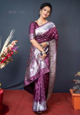 Purple Paithani silk blend Saree with Handwoven Work 2